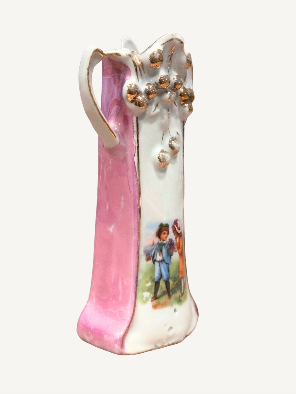 Antique German Porcelain Twin Handle Vase Courting Scene Pink Luster c. 1900